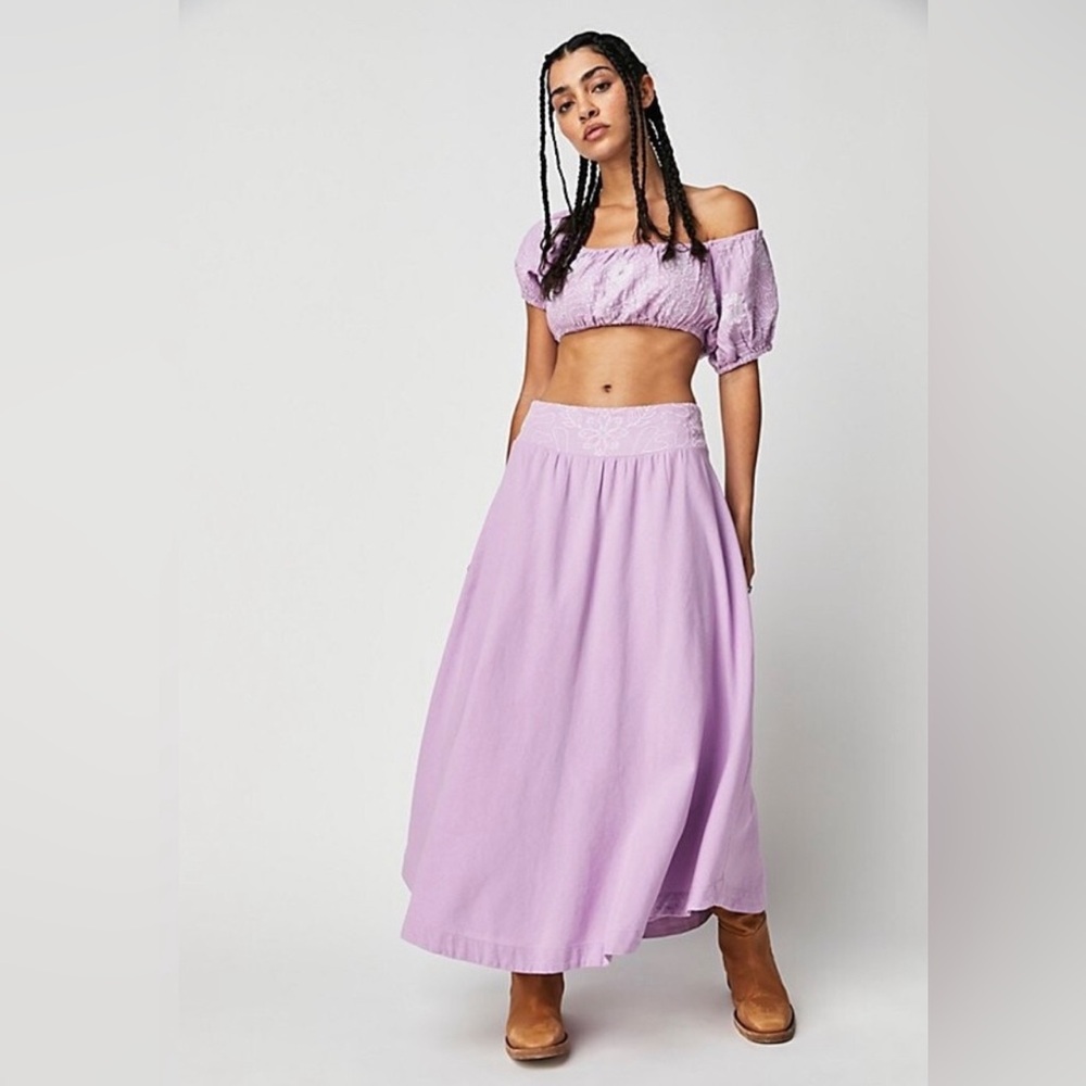 Free People Lotus Skirt & Crop Top 2 Piece Set New Purple Embroidered XS